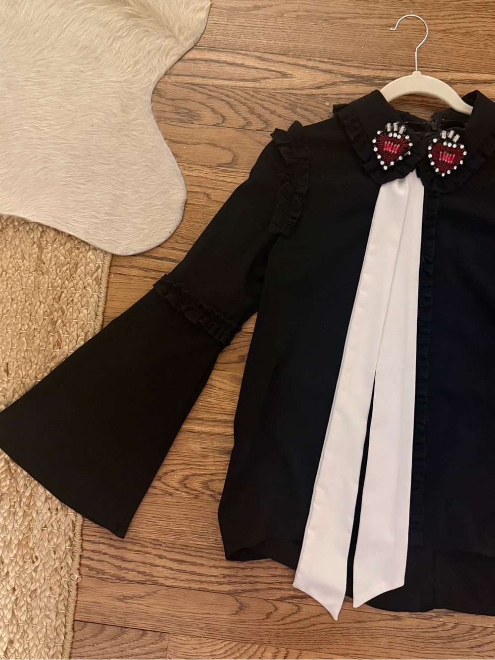 Sister Jane Black Blouse with White Neck Tie and Red Embellished Hearts